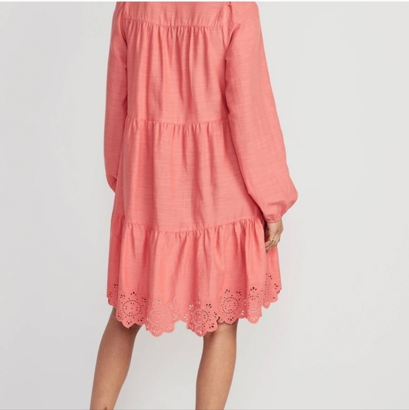 Tiered Lace-Up Mini Swing Dress Eyelet Floral Hem Coral Long Sleeve M. - Picture 17 of 17